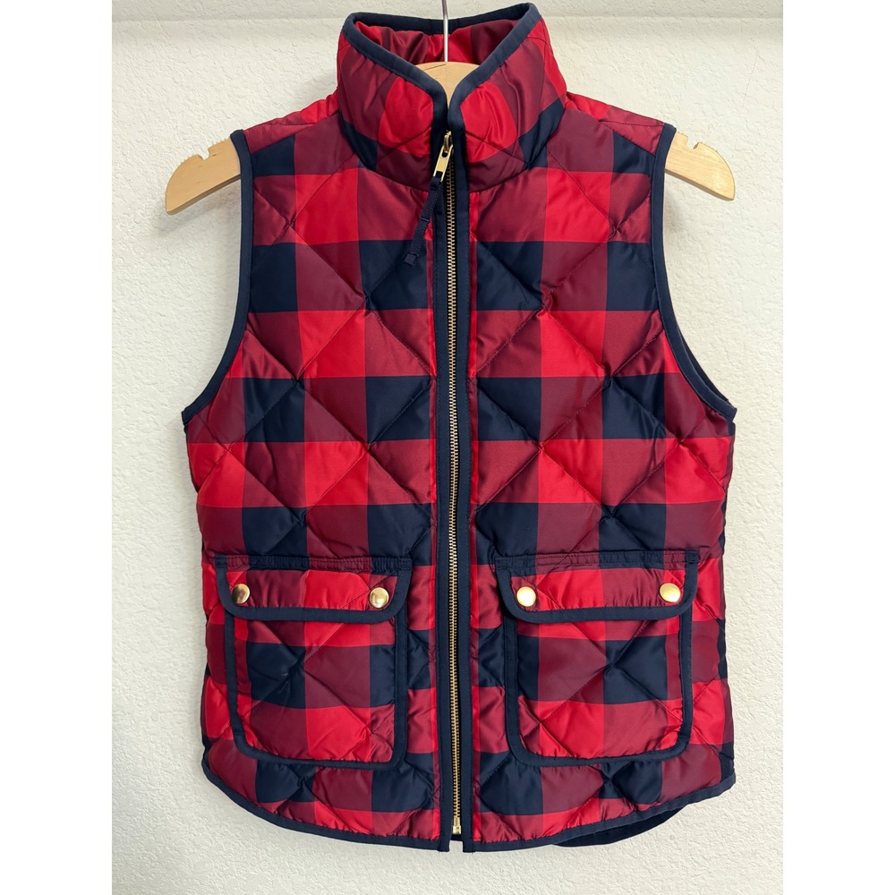 J.Crew Excursion Puffer Vest Red Navy Buffalo Plaid Quilted Down PXXS